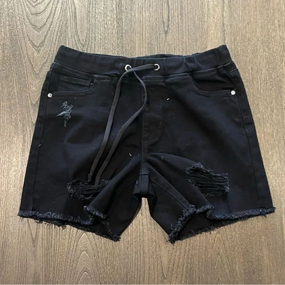 NWOT Guess Black Distressed Denim Shorts Drawstring Size XS